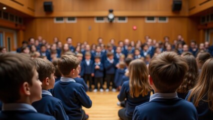 Students in Happy School Assembly Greeting Teacher with Smiles and Friendship