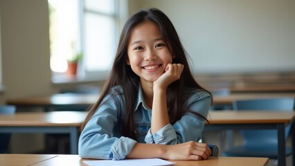 Confident Teenage Girl Smiling in Classroom with School Supplies and Learning Environment