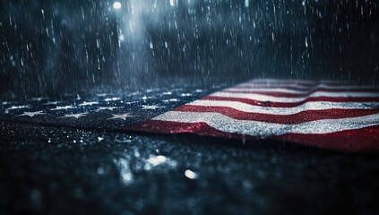 American flag on wet pavement during a storm