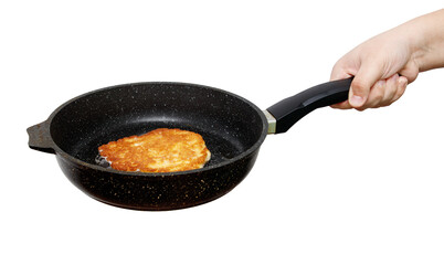 A person is holding a pan with a piece of food in it