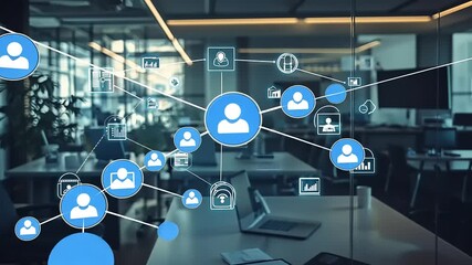 Digital networking concept showcasing user icons and data connections in a modern office environment - Powered by Adobe