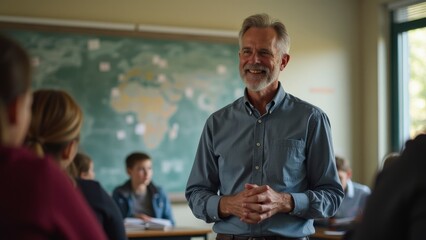 Veteran Teacher in Classroom with Students Smiling and Engaged in Learning