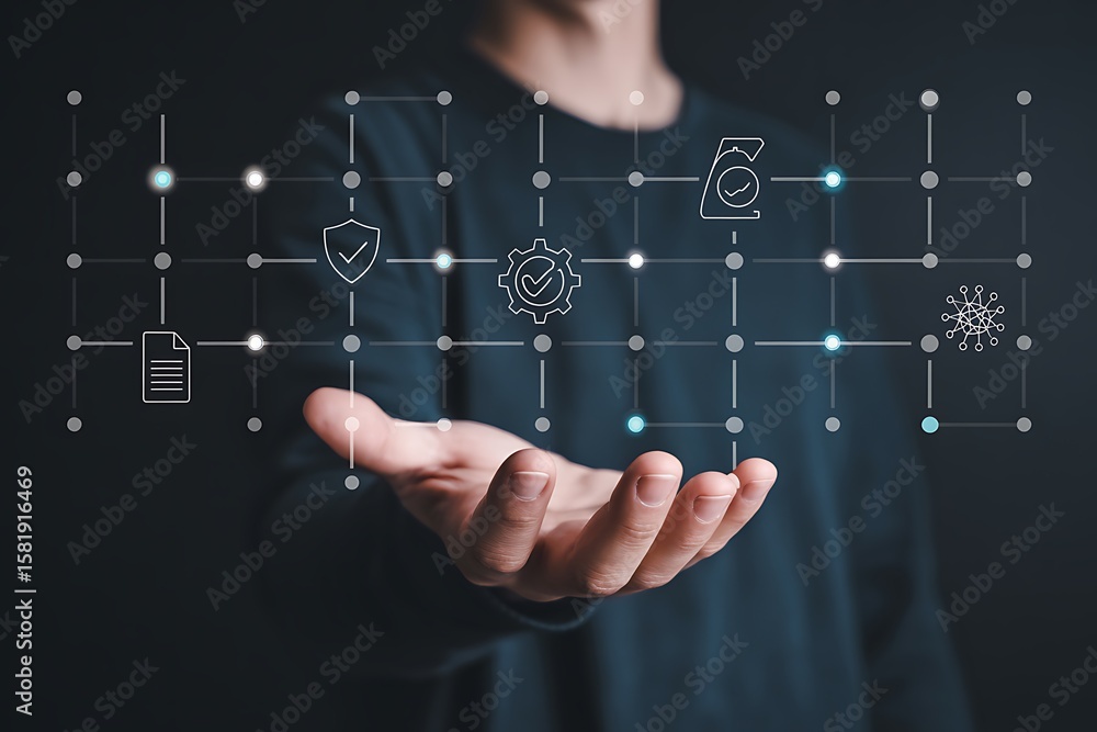 Poster person presenting digital network with icons for security and technology data