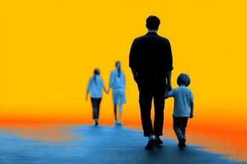 A man is walking with a child and two other people