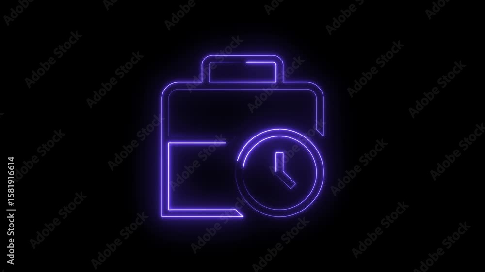 Poster neon business briefcase with clock animation representing deadlines time management efficiency