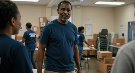 African American man in navy shirt working in warehouse with boxes and team members. Logistics and supply chain management. Distribution center operations and teamwork