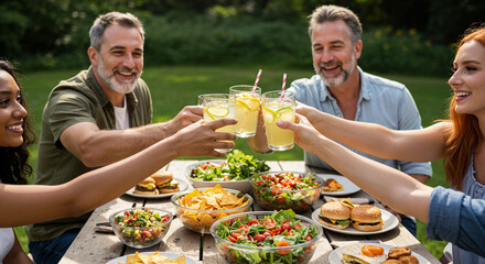 Group of adults clinking glasses of lemonade around a picnic table filled with snacks