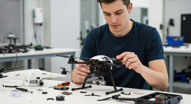 Man assembling drone components with precision tools in technical workshop. Engineering and robotics development. STEM education and technology training services - Powered by Adobe