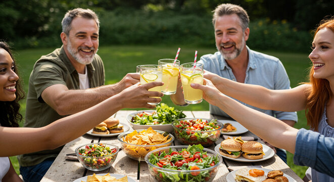 Group of adults clinking glasses of lemonade around a picnic table filled with snacks