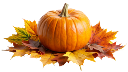 A vibrant orange pumpkin rests on a bed of colorful autumn leaves, isolated on a white background