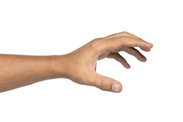 side view of male hand reaching, holding or grabbing something isolated on white background. transparent png