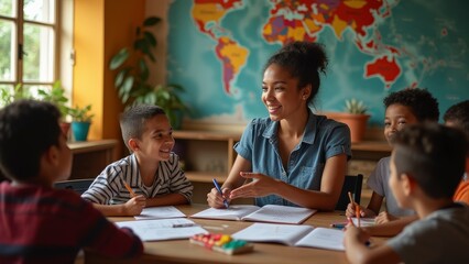 Diverse Students Engaged in Learning with Smiling Teacher in Modern Classroom