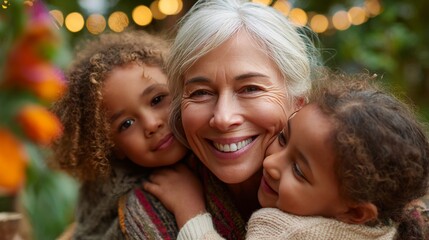Joyful family moments grandmother and grandchildren embracing in a garden setting
