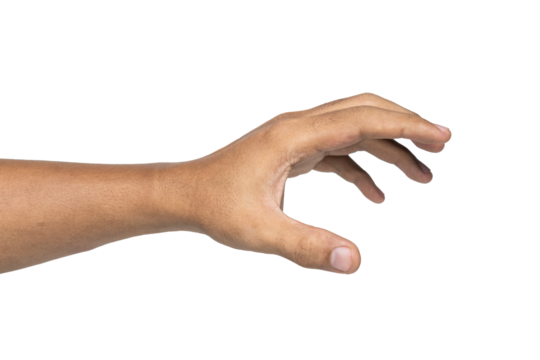 side view of male hand reaching, holding or grabbing something isolated on white background. transparent png
