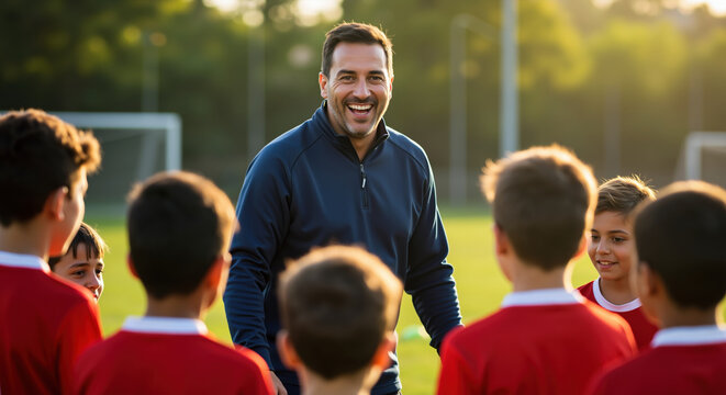 Man in navy jacket smiling while coaching youth soccer team on field. Sports instruction and child development. Athletic training and coaching services - Powered by Adobe