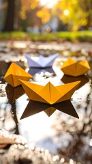 Paper boats in a puddle, autumnal sunlight