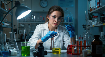 Woman scientist examining test tube with chemical solution in laboratory. Scientific research and analysis. Pharmaceutical development and medical testing services