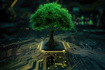 A vibrant green tree sits atop a complex computer circuit board