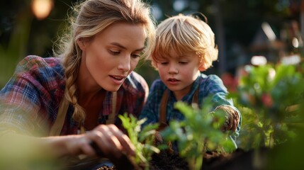 Gardening together mother and child planting in a backyard garden nature scene close-up
