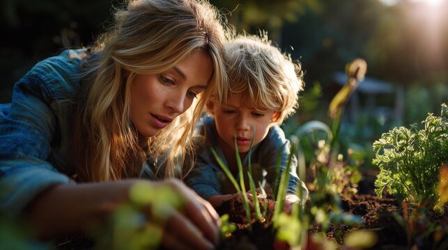 Gardening together mother and son planting in their backyard nature warm lighting close-up view