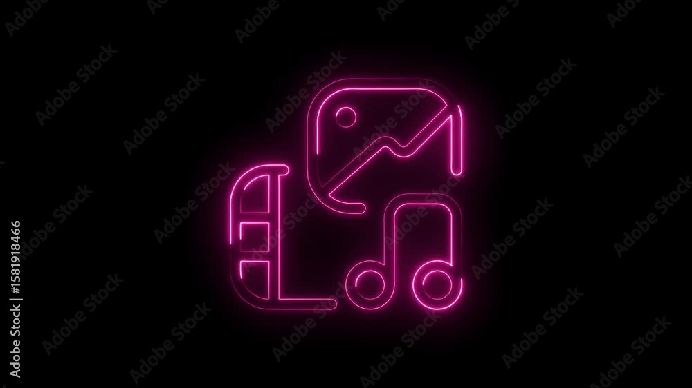 Poster glowing neon media icons animation on black background representing images audio and video