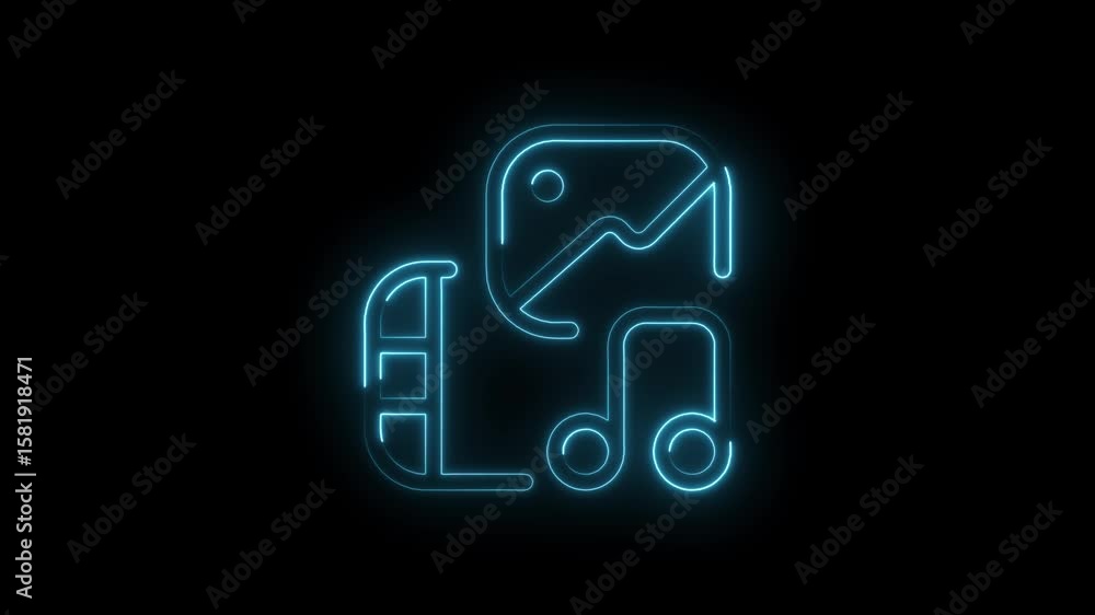 Poster media types glowing icon animation with image music and document file on black background
