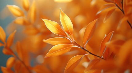 Closeup of vibrant orange autumn leaves illuminated by soft sunlight