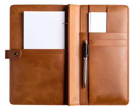 Conceptual Leather Folder with Paper Insert and Pen, Top View, Isolated Transparent Background PNG