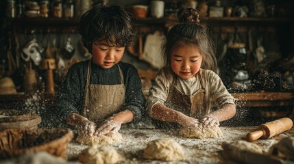 Children baking together in cozy kitchen floury fun captivating lifestyle scene