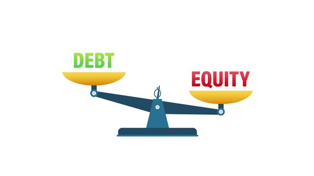 Balance scale comparing debt and equity with white and green screen