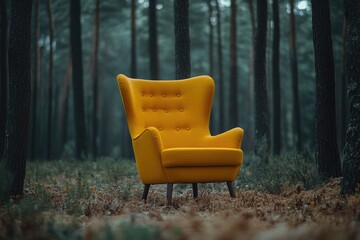 Solitary yellow armchair in a misty forest