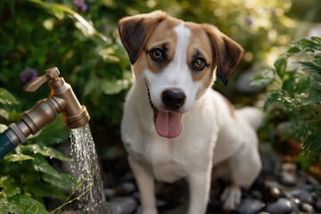 Playful dog with brown and white fur sits beside a garden hose, surrounded by lush greenery and colorful flowers, enjoying a sunny day outdoors with a joyful expression