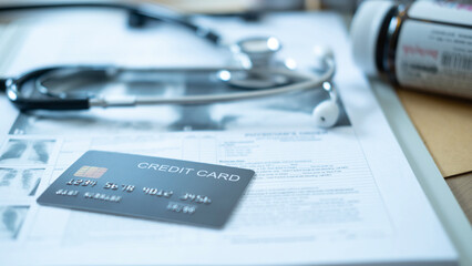 A gray credit card placed on medical documents with a stethoscope and medicine bottles in the background.