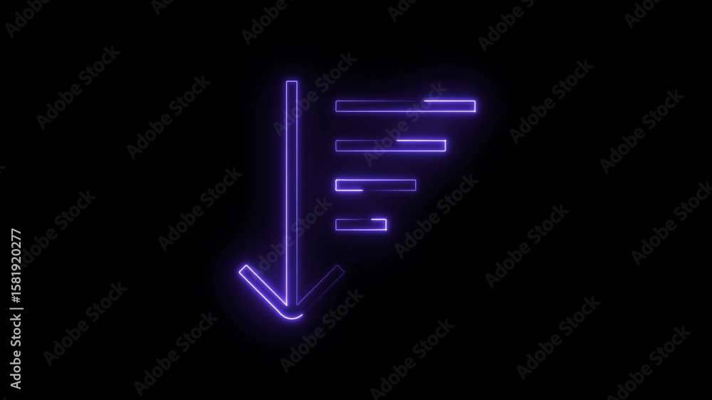 Poster glowing neon sort descending order icon with arrow on black background animated stock footage