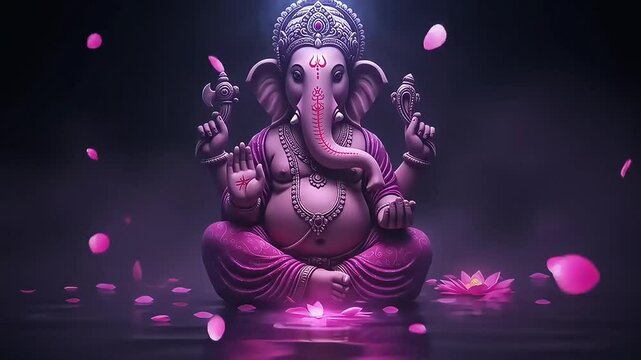 Ganesha Deity with Lotus Petals, and Dark Background.
