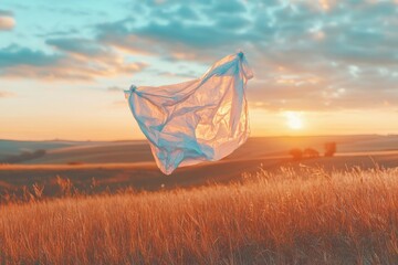 White fabric floats over a golden field at sunset