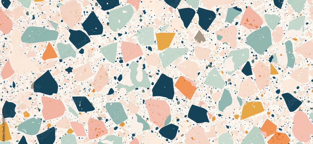 Poster colorful terrazzo pattern with abstract shapes and textures for modern design.