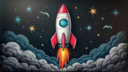 Abstract Education Photography: Hand-drawn Rocket Ship on Blackboard with Clouds for Learning Inspiration