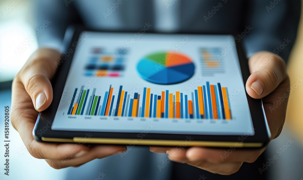 Poster data visualization on tablet showcasing colorful charts and graphs for business analysis.