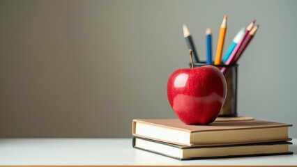 Classic Education Symbols: Red Apple and Schoolbooks on Teacher's Desk
