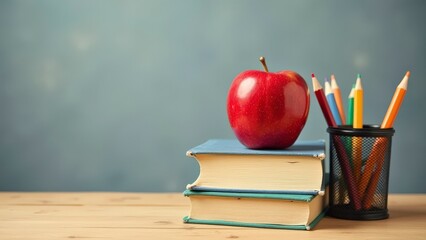 Classic Education Symbols: Apple and Books on Teacher's Desk