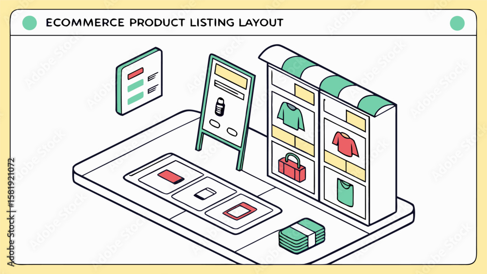 Poster isometric illustration of an online store layout with product displays and a mobile interface showin