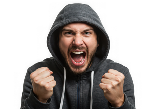 Man in hoodie shouting with clenched fists against dark void on transparent background