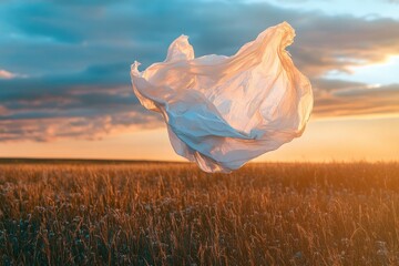 White fabric billows in golden sunset field