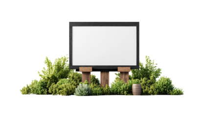 Large blank outdoor digital advertising billboard screen surrounded by lush green plants and shrubs in a natural setting