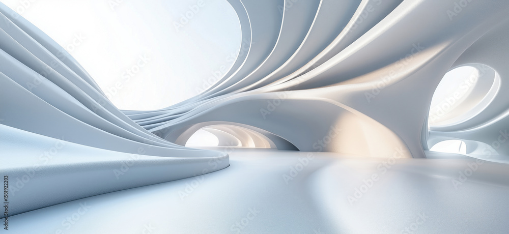 Aufkleber futuristic abstract architecture with flowing white curves and soft light.