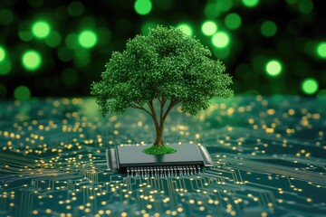 A small, vibrant green tree sits atop a complex circuit board, implying sustainable technology