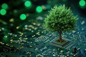 A vibrant green tree sits atop a circuit board, implying sustainable tech.  Bokeh green lights blur in the background