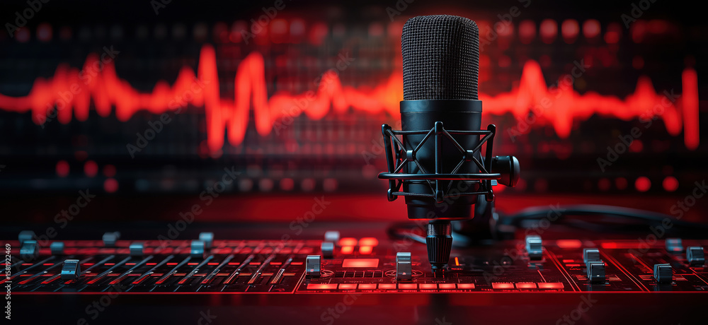 Poster Professional microphone on audio mixing console with sound wave visualization.