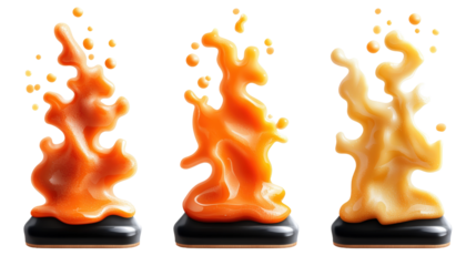 Three detailed colorful flame sculptures with intricate shapes and vibrant orange hues on a black base